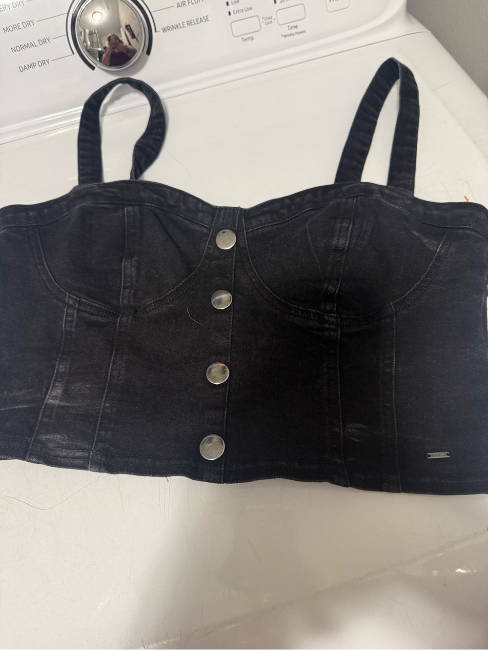 Guess Black Denim Bustier Crop Top with Buttons